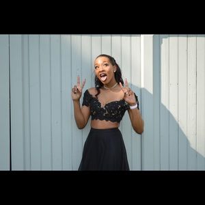 Black two piece lace embroidered prom dress